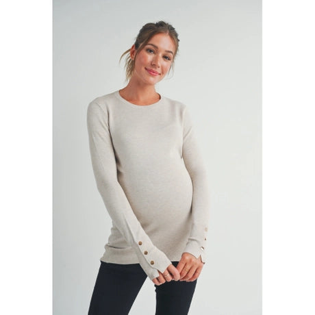 Camel Solid Maternity Sweater Top with Sleeve Button