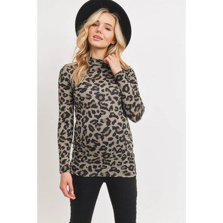 Taupe Leopard Sweater Knit, Mock Neck Maternity Top