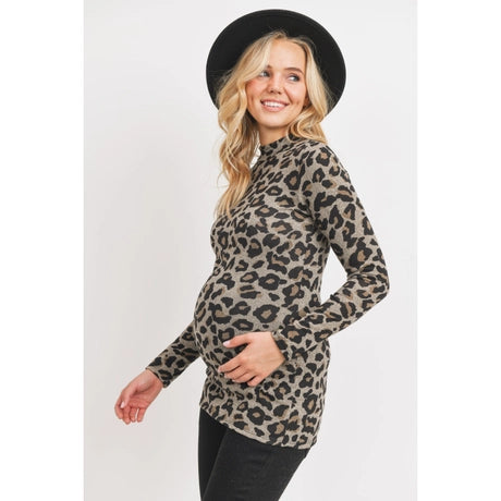 Taupe Leopard Sweater Knit, Mock Neck Maternity Top