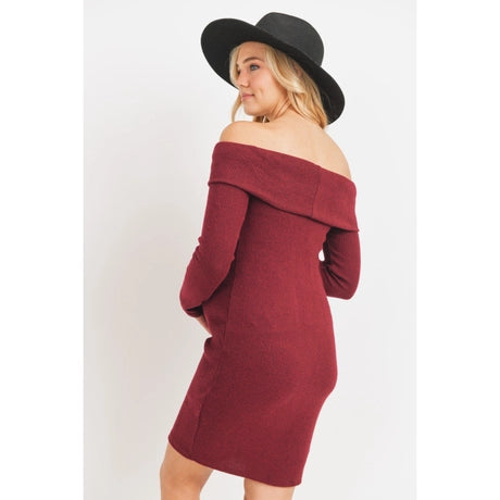 Burgundy ribbed off-shoulder Bodycon Maternity Midi Dress