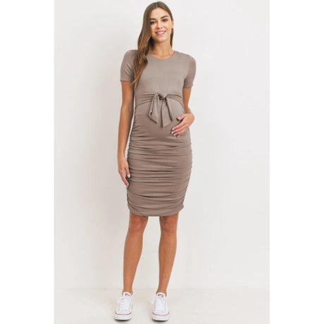 Mocha Rayon Modal Short Sleeve Front Tie Maternity Midi Dress