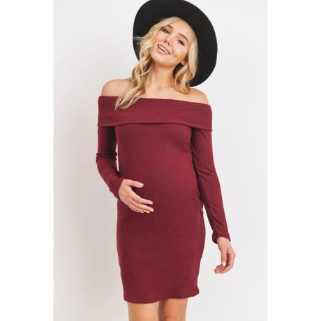 Burgundy ribbed off-shoulder Bodycon Maternity Midi Dress