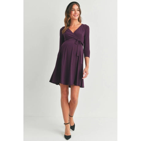 Purple Surplice Wrap Maternity Nursing Dress with Tie