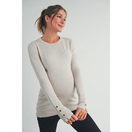 Camel Solid Maternity Sweater Top with Sleeve Button