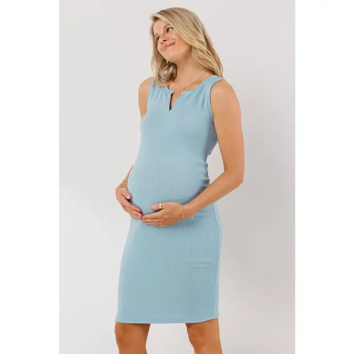 Chambray- Rib Sleeveless Bodycon Maternity Dress