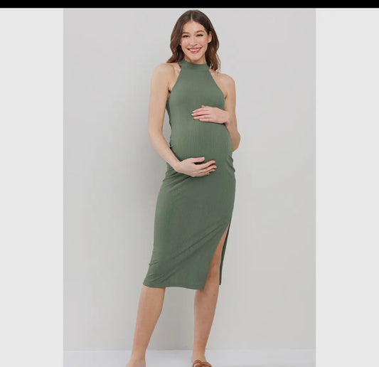 Olive High Neck Halter Knit Midi Slit Dress