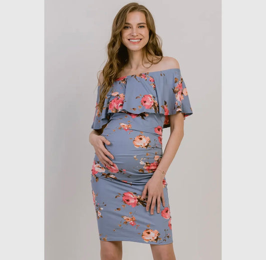 Denim Floral Ruffled Off Shoulder Maternity Dress