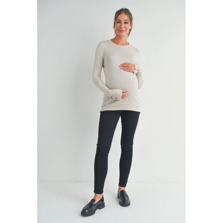 Camel Solid Maternity Sweater Top with Sleeve Button