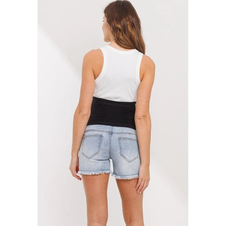 Frayed Denim Maternity Shorts with Waistband Panel