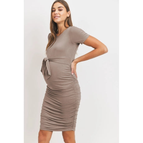 Mocha Rayon Modal Short Sleeve Front Tie Maternity Midi Dress