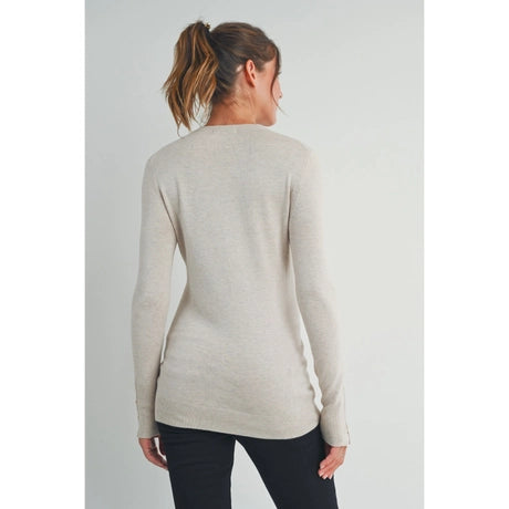 Camel Solid Maternity Sweater Top with Sleeve Button