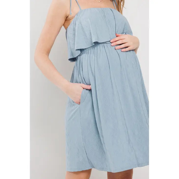 Denim Double Layer Ruffle Adjustable Strap Maternity Mini Dress