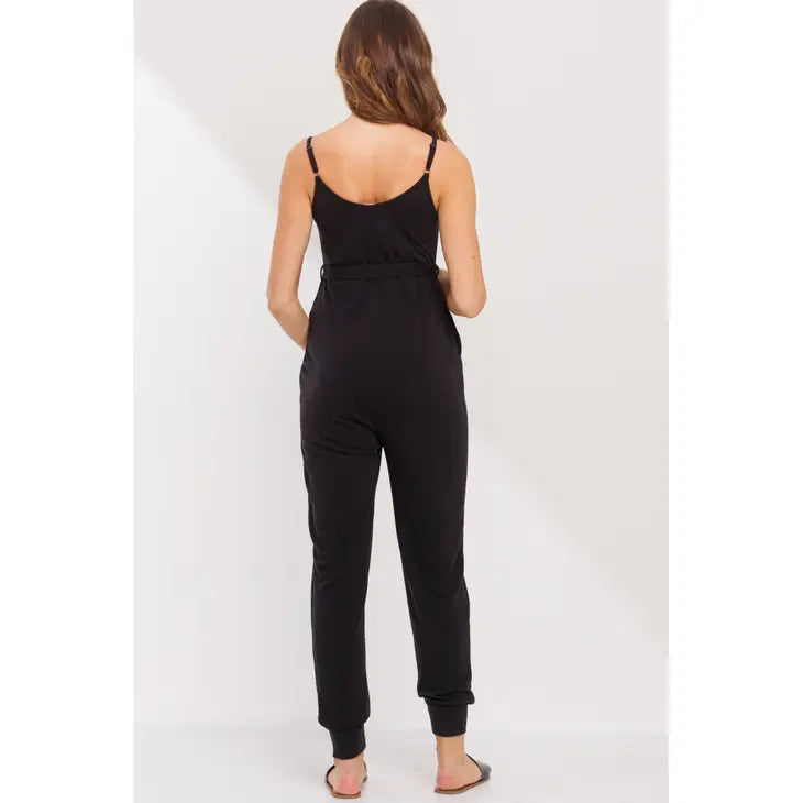 Black Sleeveless Belted Maternity Jumpsuit