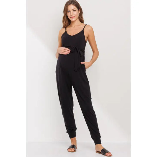 Black Sleeveless Belted Maternity Jumpsuit