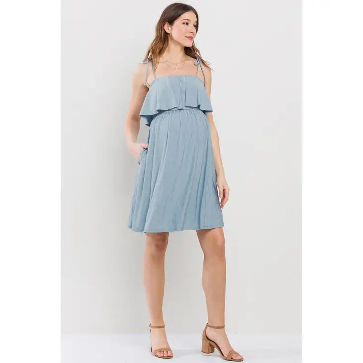 Denim Double Layer Ruffle Adjustable Strap Maternity Mini Dress