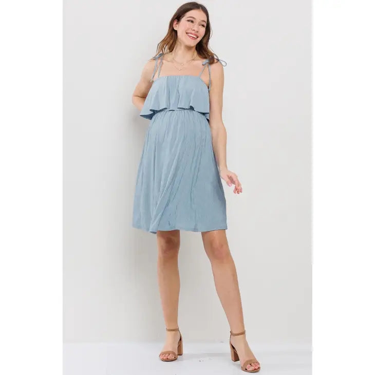 Denim Double Layer Ruffle Adjustable Strap Maternity Mini Dress