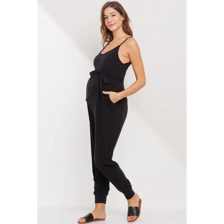 Black Sleeveless Belted Maternity Jumpsuit