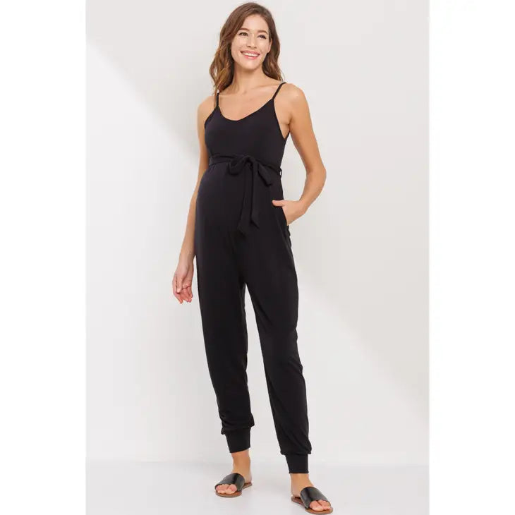 Black Sleeveless Belted Maternity Jumpsuit