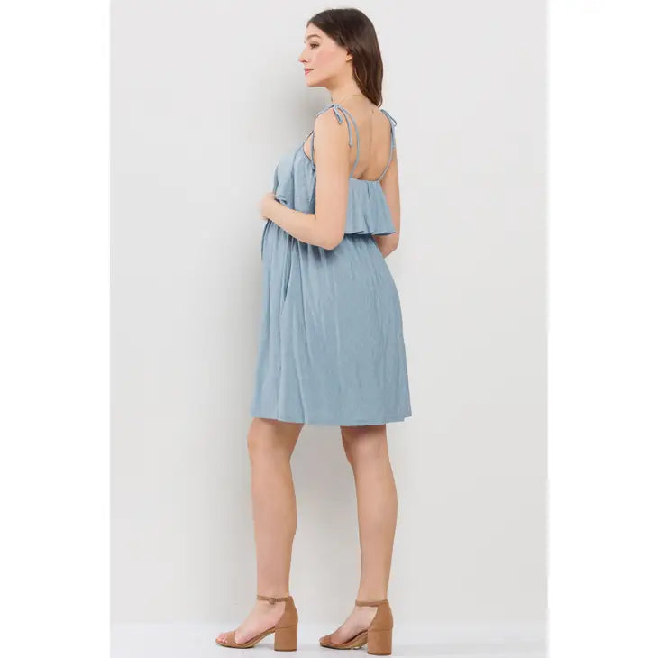 Denim Double Layer Ruffle Adjustable Strap Maternity Mini Dress