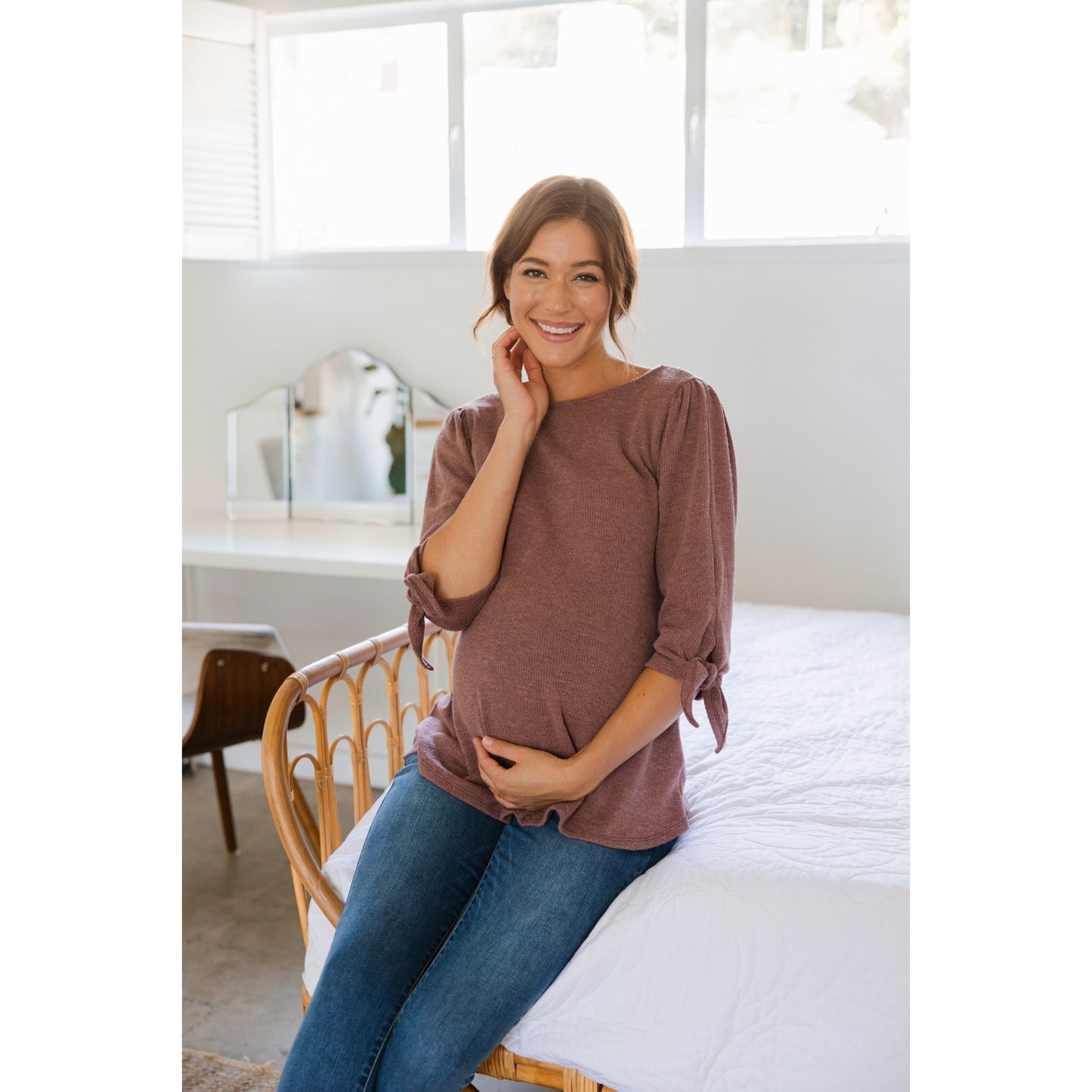 Mauve Knit 3/4 Tie-sleeve Maternity Top