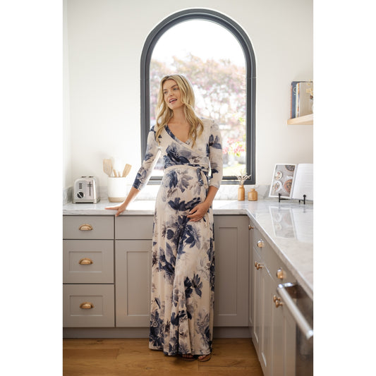 Taupe & Navy Floral Maternity/Nursing Maxi Dress