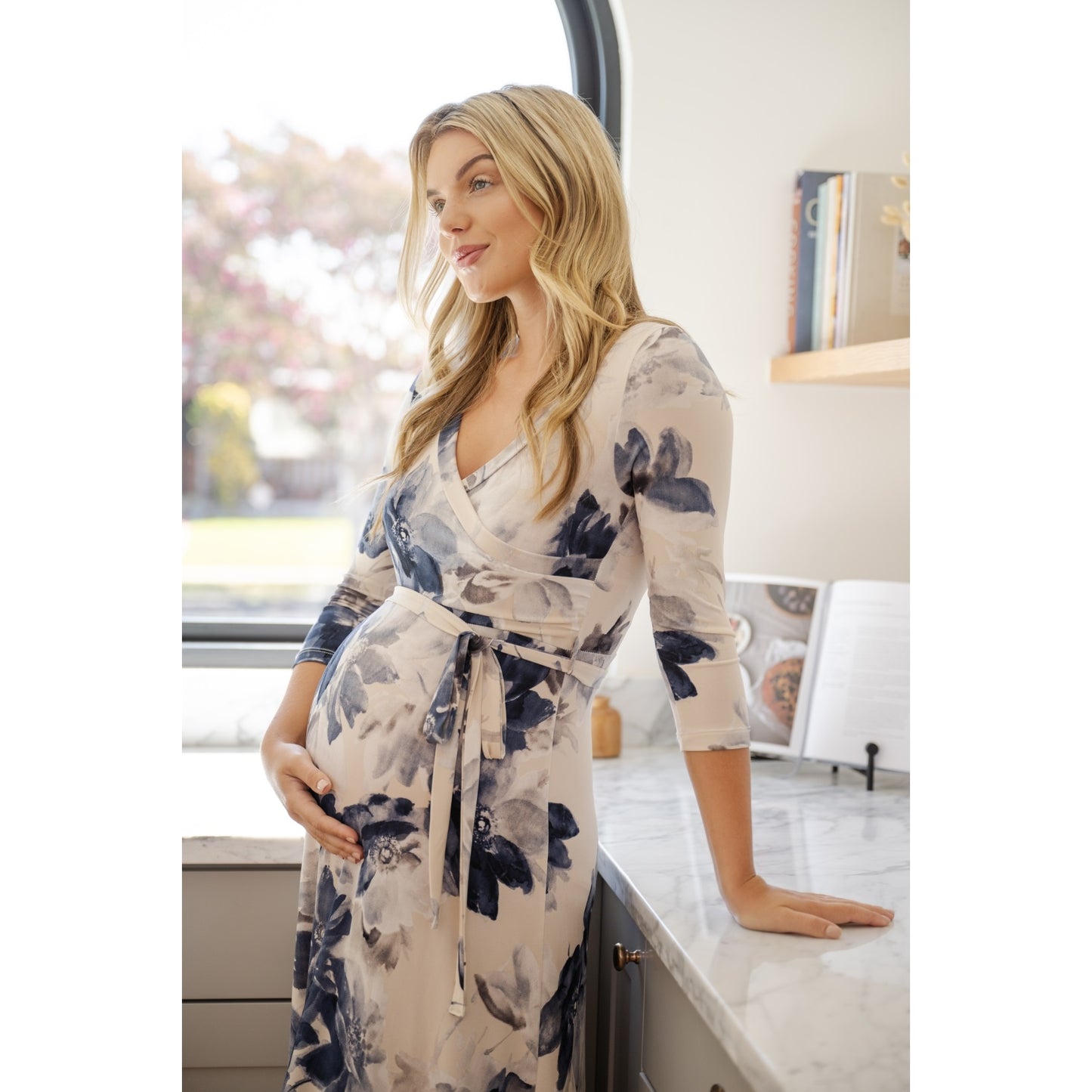 Taupe & Navy Floral Maternity/Nursing Maxi Dress