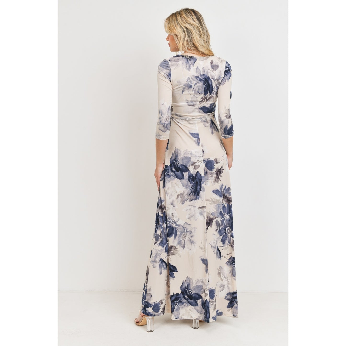 Taupe & Navy Floral Maternity/Nursing Maxi Dress