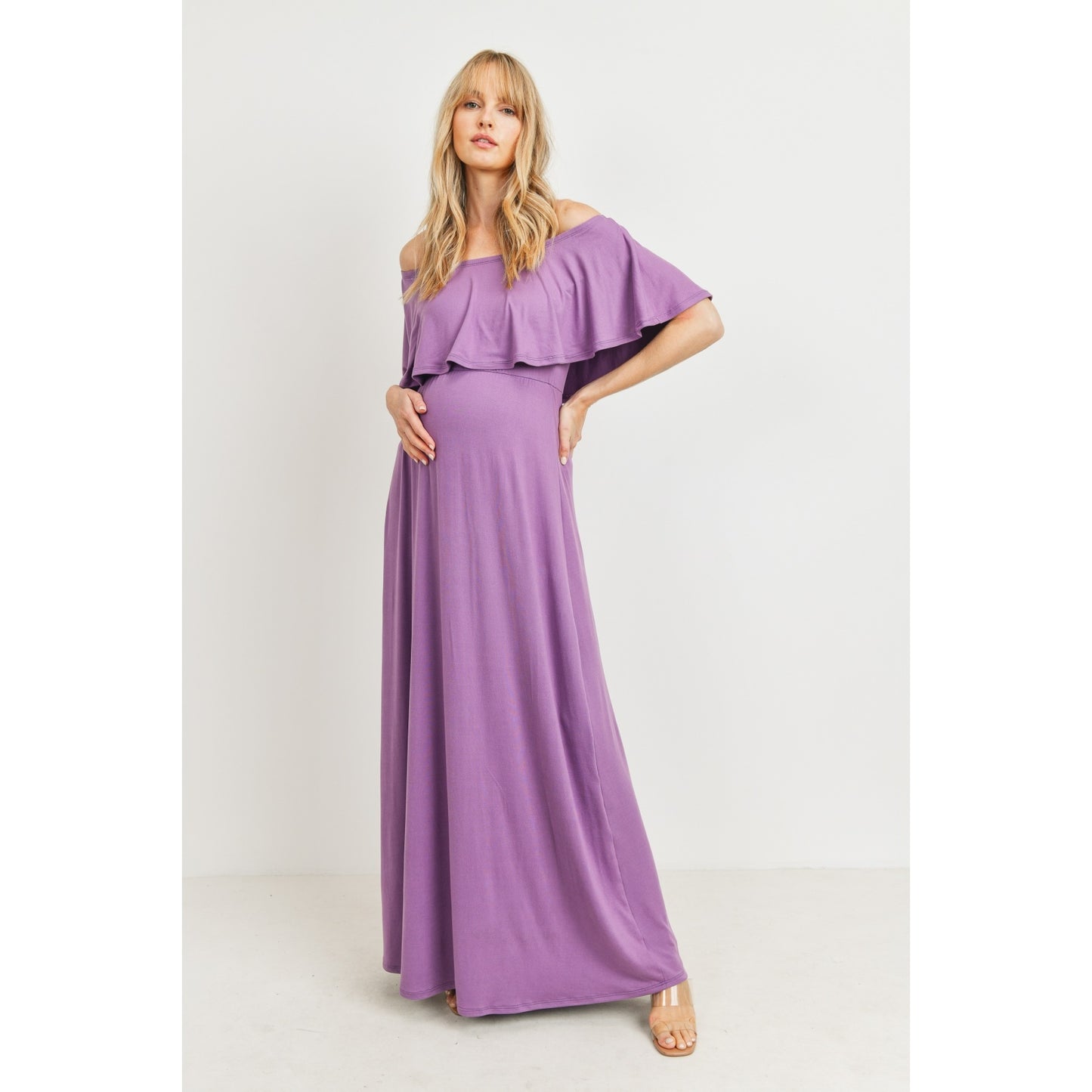 Lilac - Ruffle Off Shoulder Solid Maternity Dress