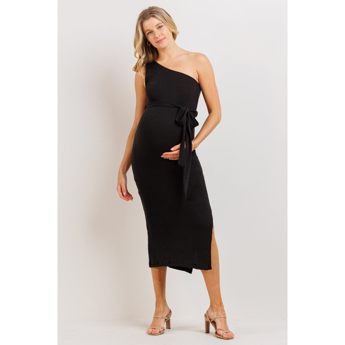 One Shoulder Waist Belt Ribbed Maternity Dress