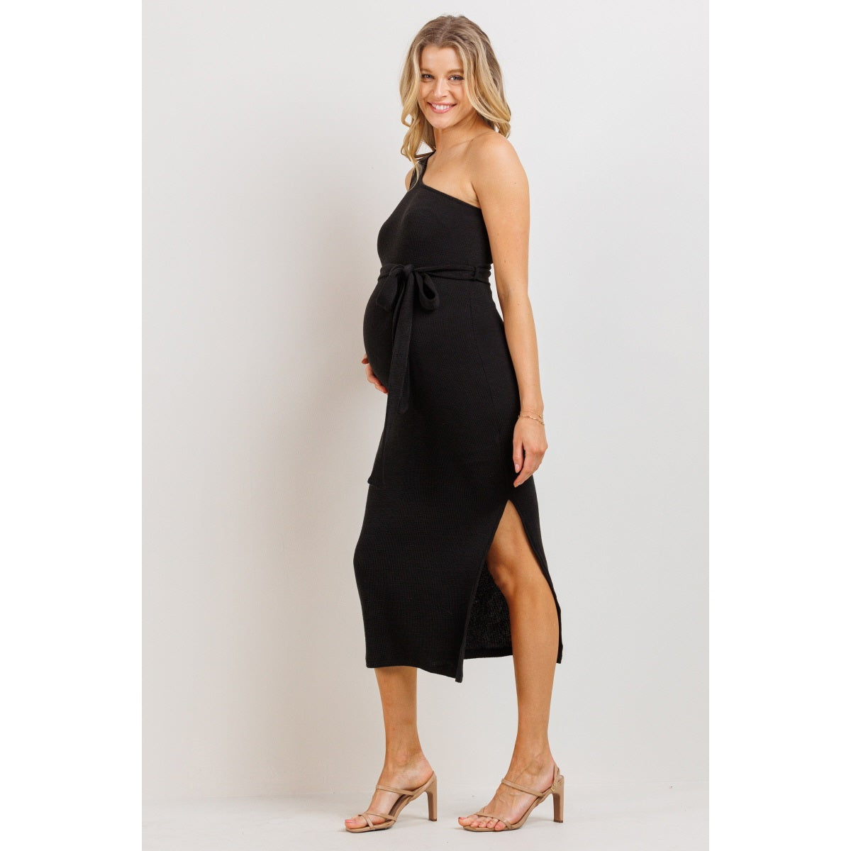 One Shoulder Waist Belt Ribbed Maternity Dress