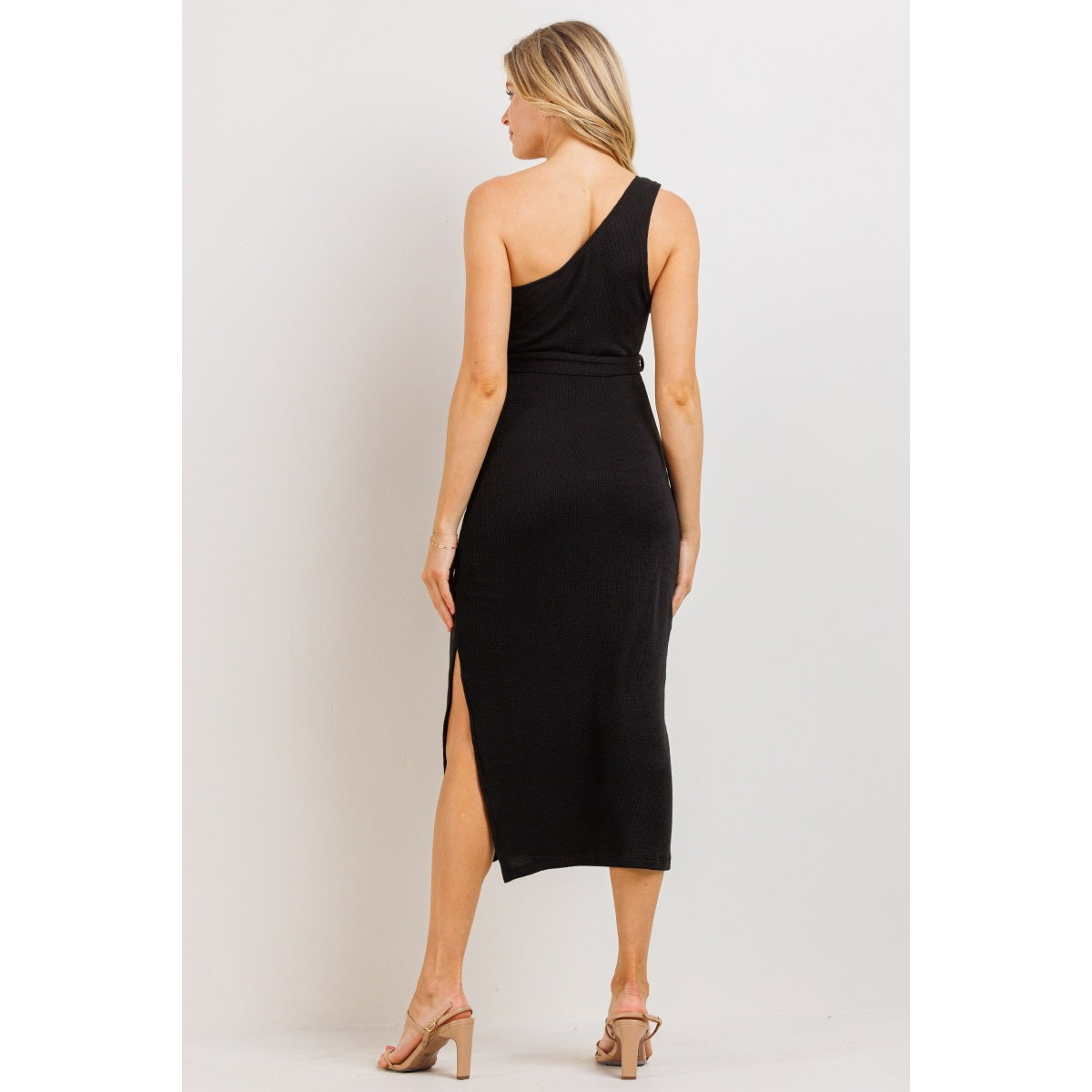 One Shoulder Waist Belt Ribbed Maternity Dress