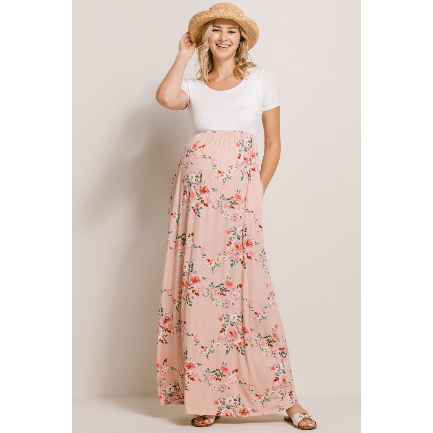 Solid Basic Top With Floral Skirt Maternity Dress