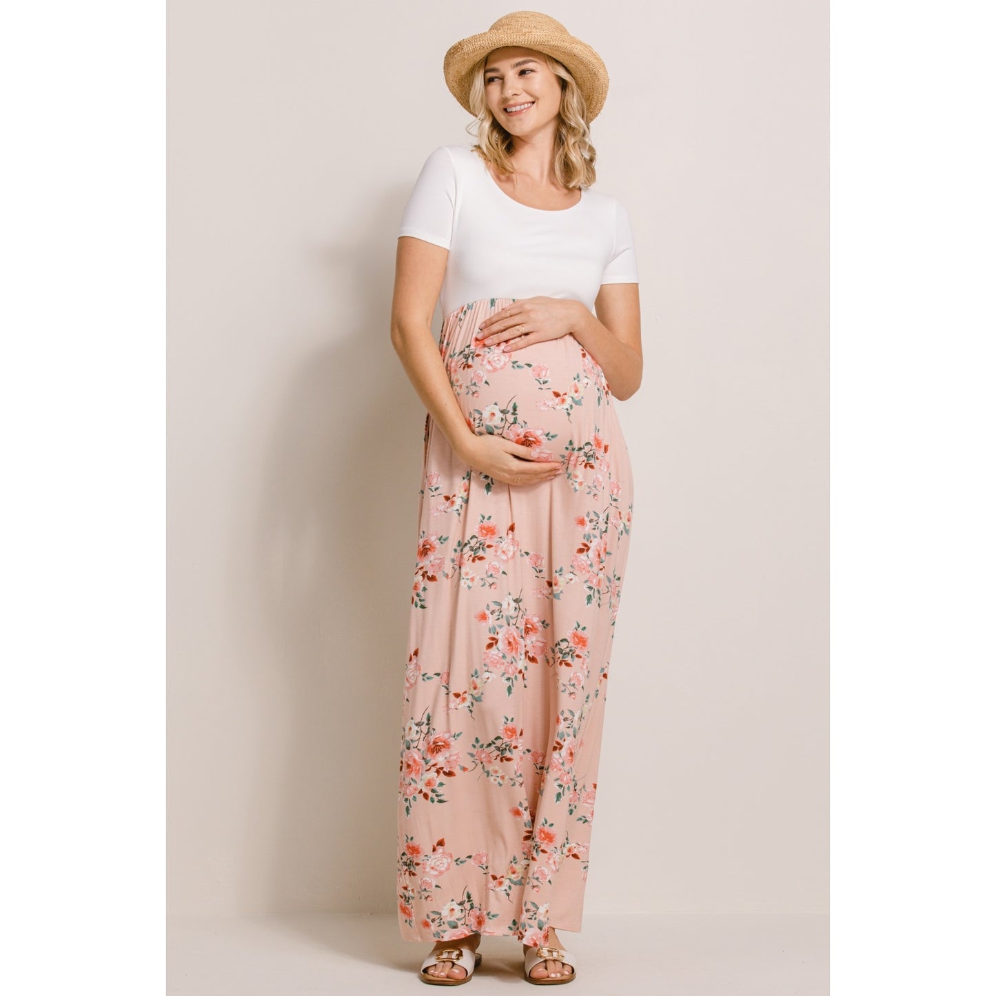 Solid Basic Top With Floral Skirt Maternity Dress