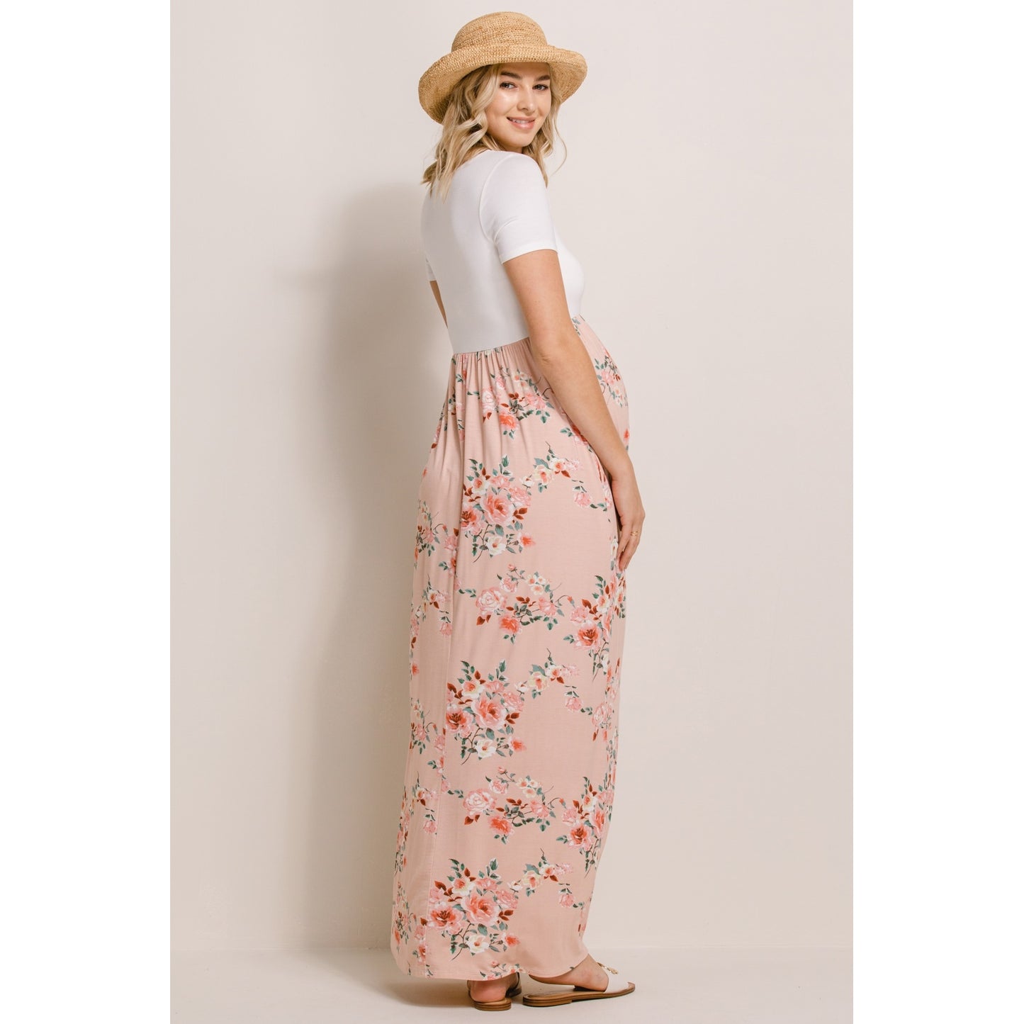 Solid Basic Top With Floral Skirt Maternity Dress